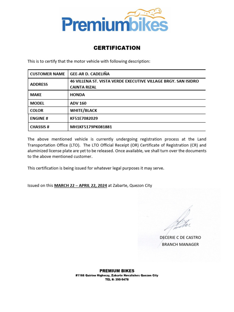 Honda ADV 160 Registration Certification | PDF | Vehicles | Transport