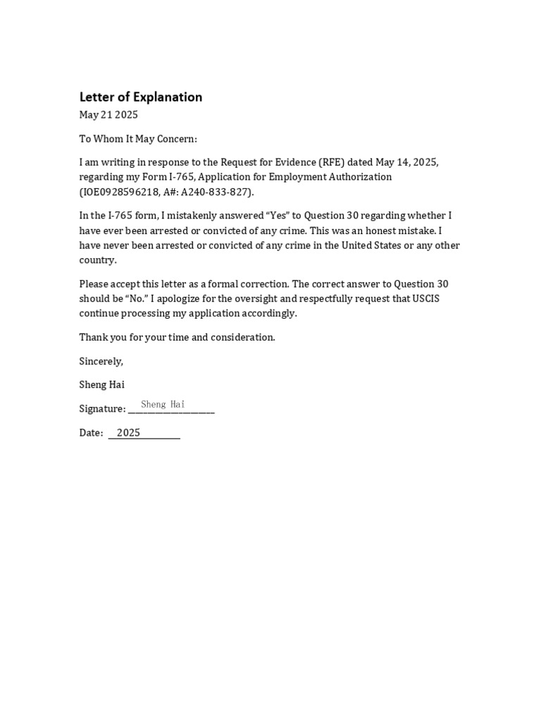 Correction for I-765 RFE Response | PDF