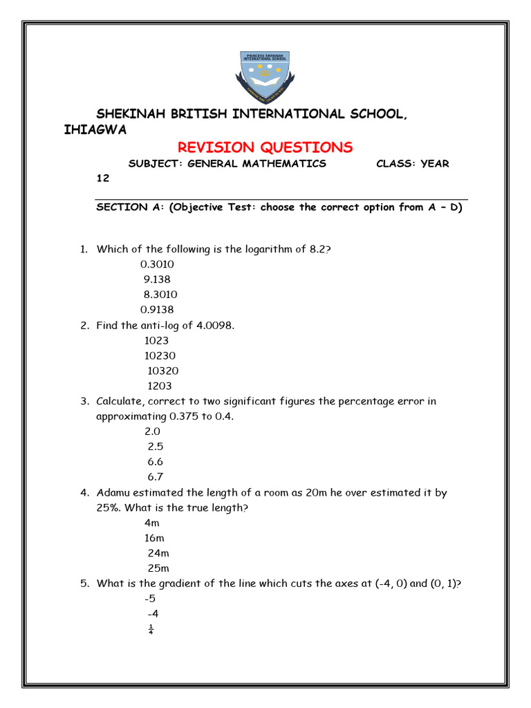 General Maths Revision Questions for Year 12 | PDF | Area | Elementary ...