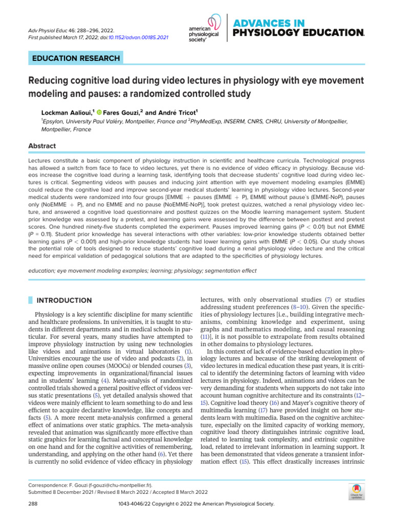 Reducing Cognitive Load During Video Lectures in Physiology With Eye ...