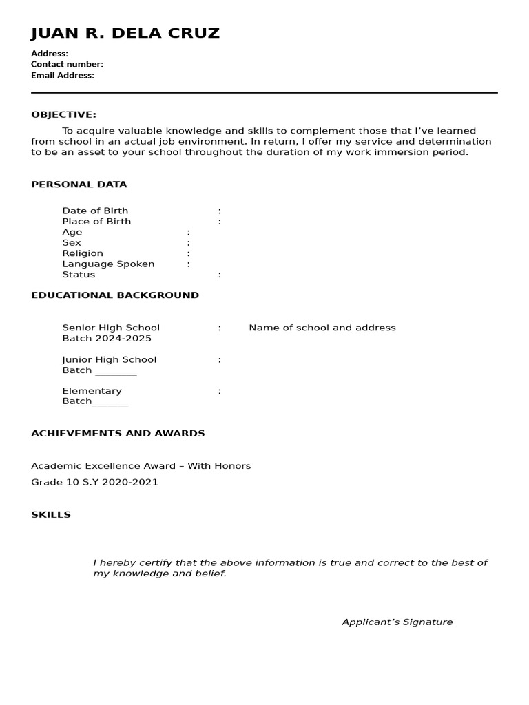 Resume Template Work Immersion | PDF