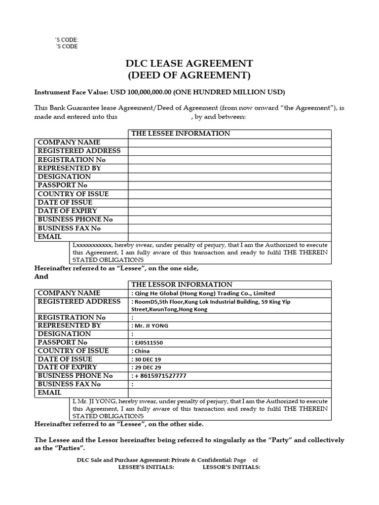 DLC Lease - Agreement Draft v3 | PDF | Lease | Wire Transfer