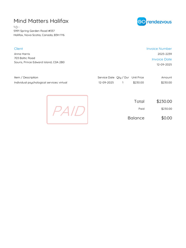 Invoice for Psychological Services | PDF