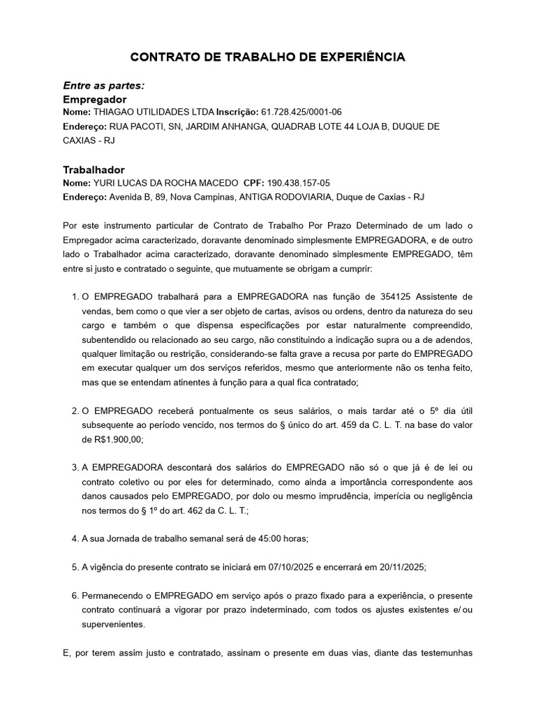 Contrato de Trabalho de Experiência | PDF