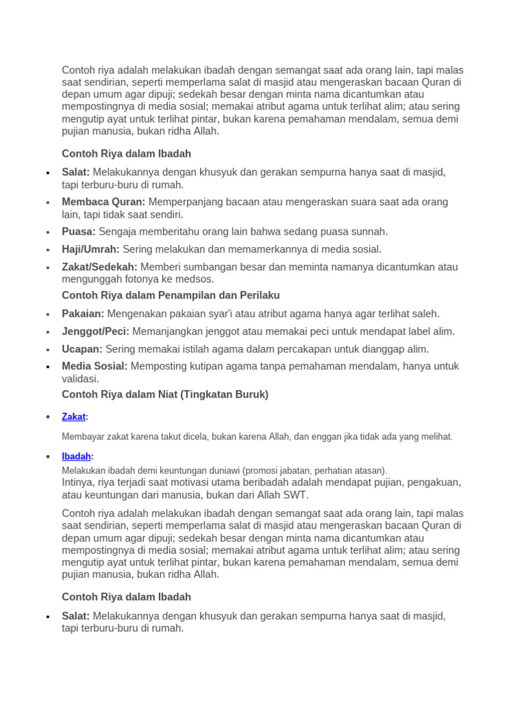 Contoh Riya dalam Ibadah dan Perilaku | PDF