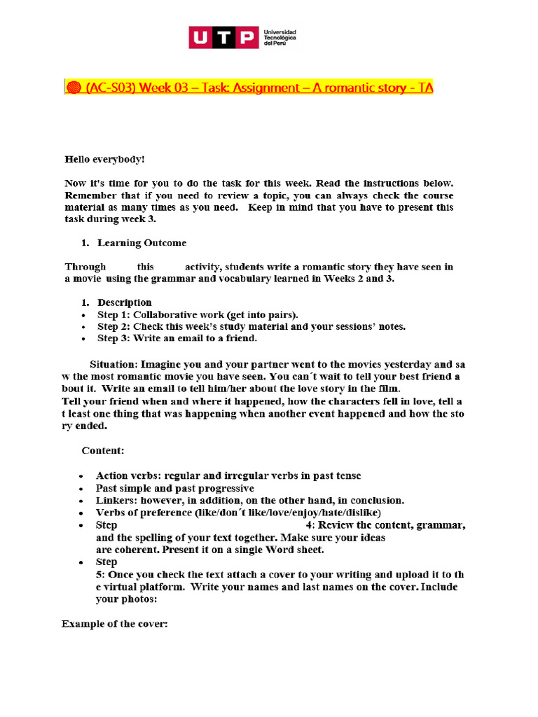 ? (AC-S02) Week 02 – Task Assignment – A romantic story - TA ( INGLES ...