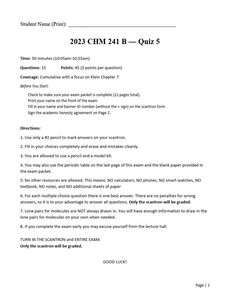 CHM 241 B Quiz 5 Instructions and Questions | PDF | Chemical Reactions ...