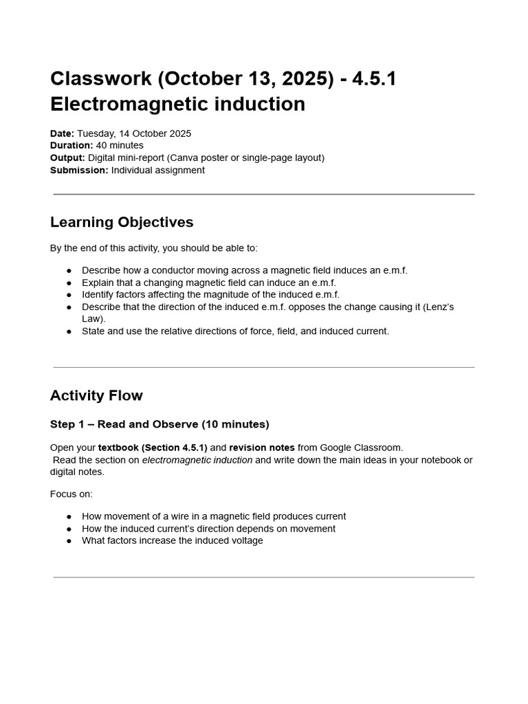 Electromagnetic Induction Classwork Guide | PDF | Electromagnetic ...