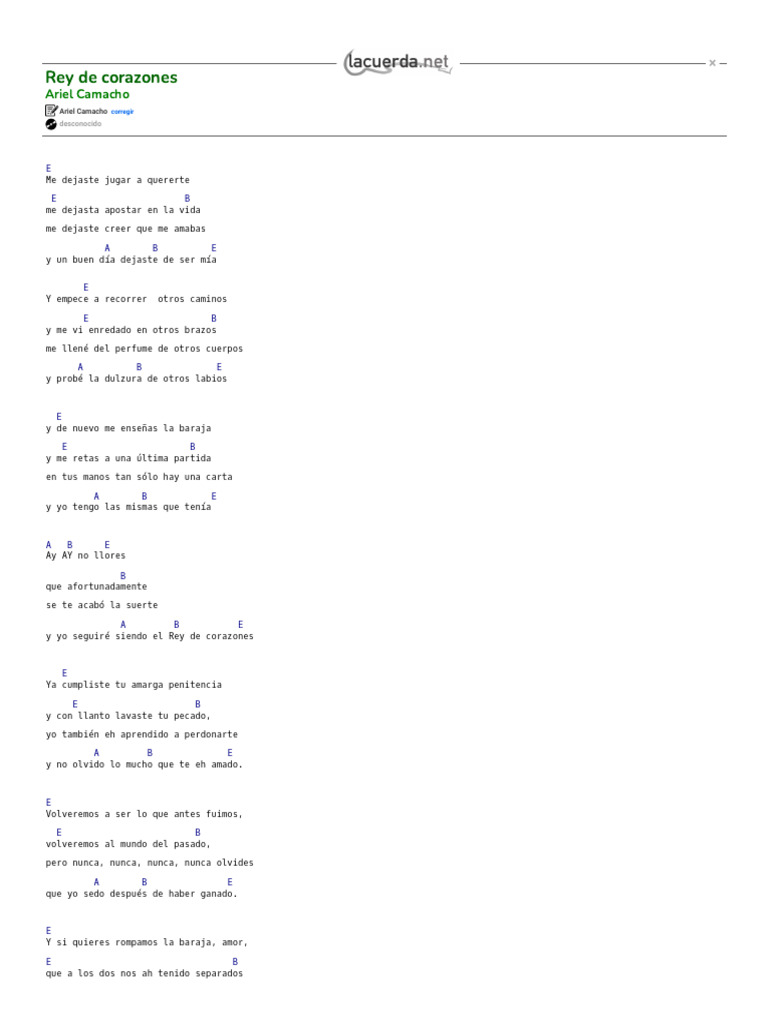 Rey de Corazones: Letra de Ariel Camacho | PDF