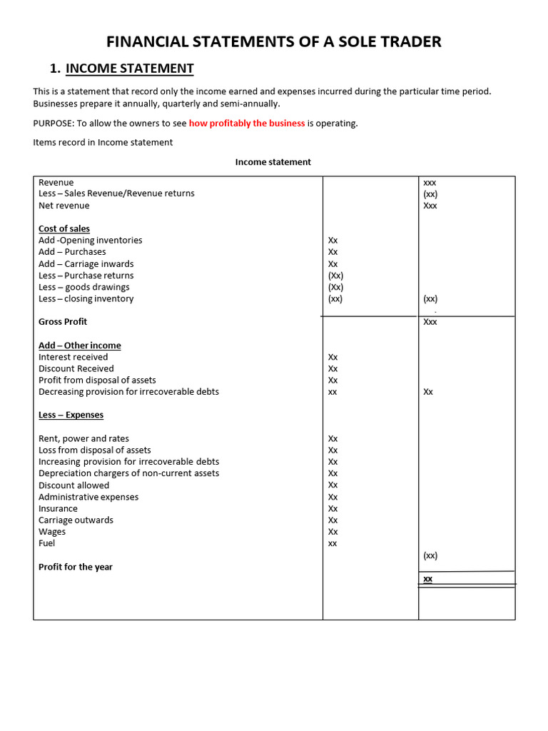 Sole Trader Financial Statements Guide | PDF | Expense | Income Statement