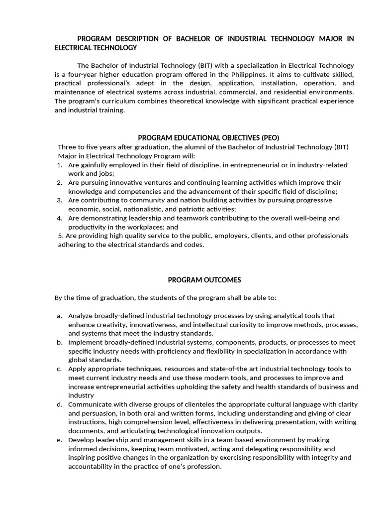 Bachelor of Industrial Technology: Electrical | PDF | Learning | Cognition