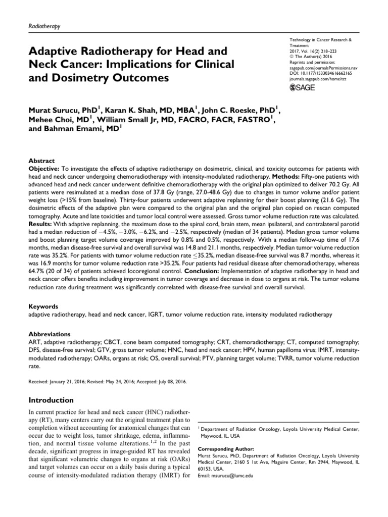 Adaptive Radiotherapy in Head and Neck Cancer | PDF | Radiation Therapy ...