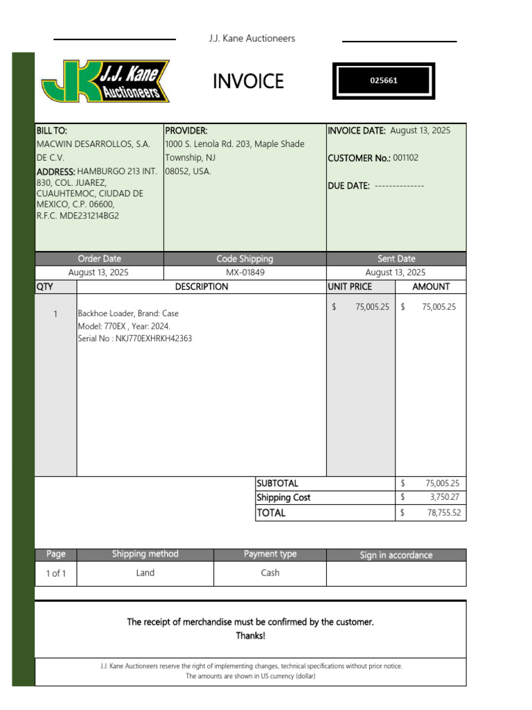 Invoice for Backhoe Loader Purchase | PDF | Invoice | Business