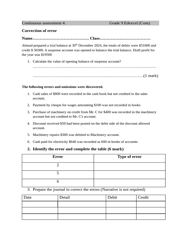 Grade 9 Edexcel Trial Balance Errors | PDF