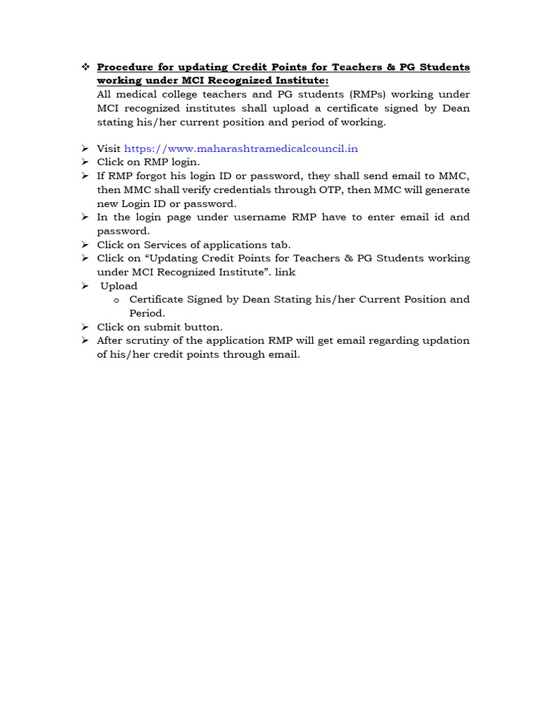 Update Credit Points for MCI Teachers & PGs | PDF