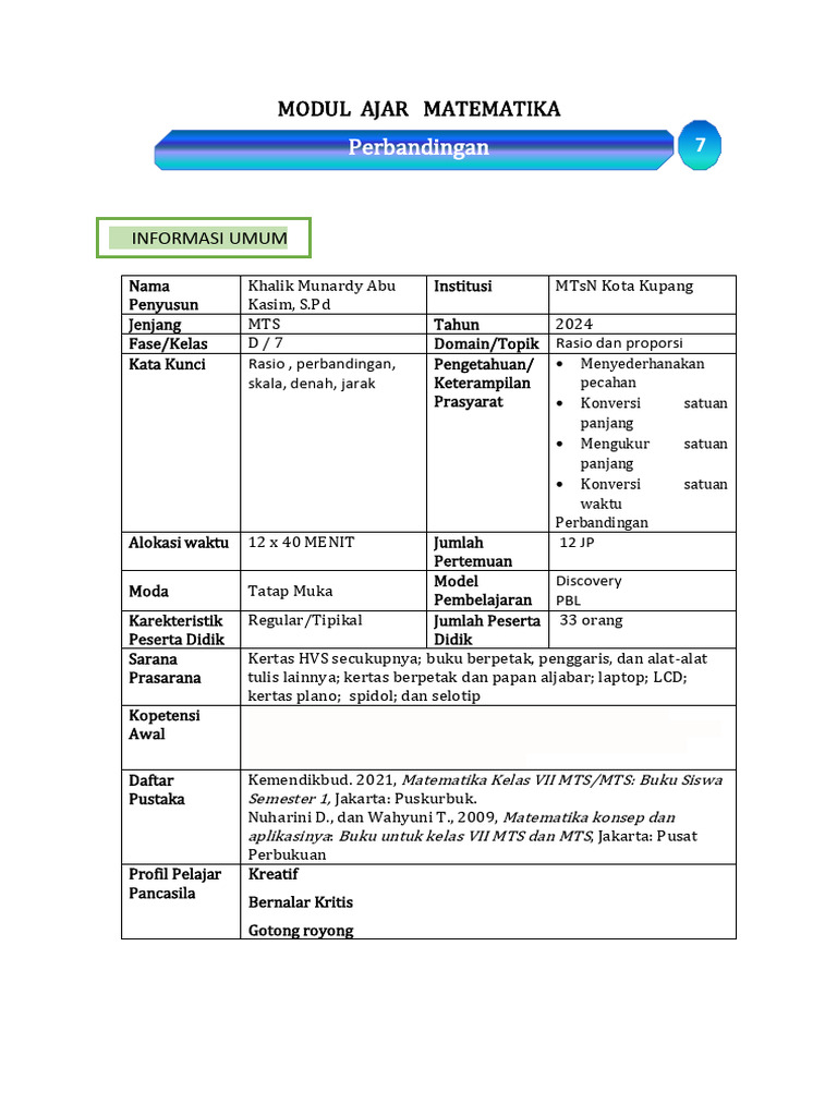 Modul Ajar Matematika: Perbandingan Rasio | PDF