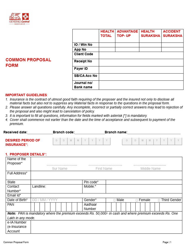 Common Insurance Proposal Form | PDF | Insurance | Deductible