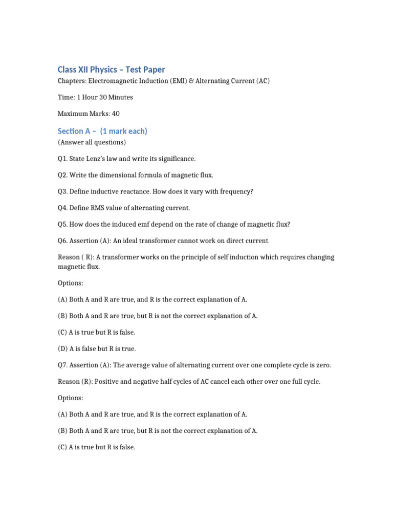 Class XII Physics Test: EMI & AC Concepts | PDF | Inductor | Inductance