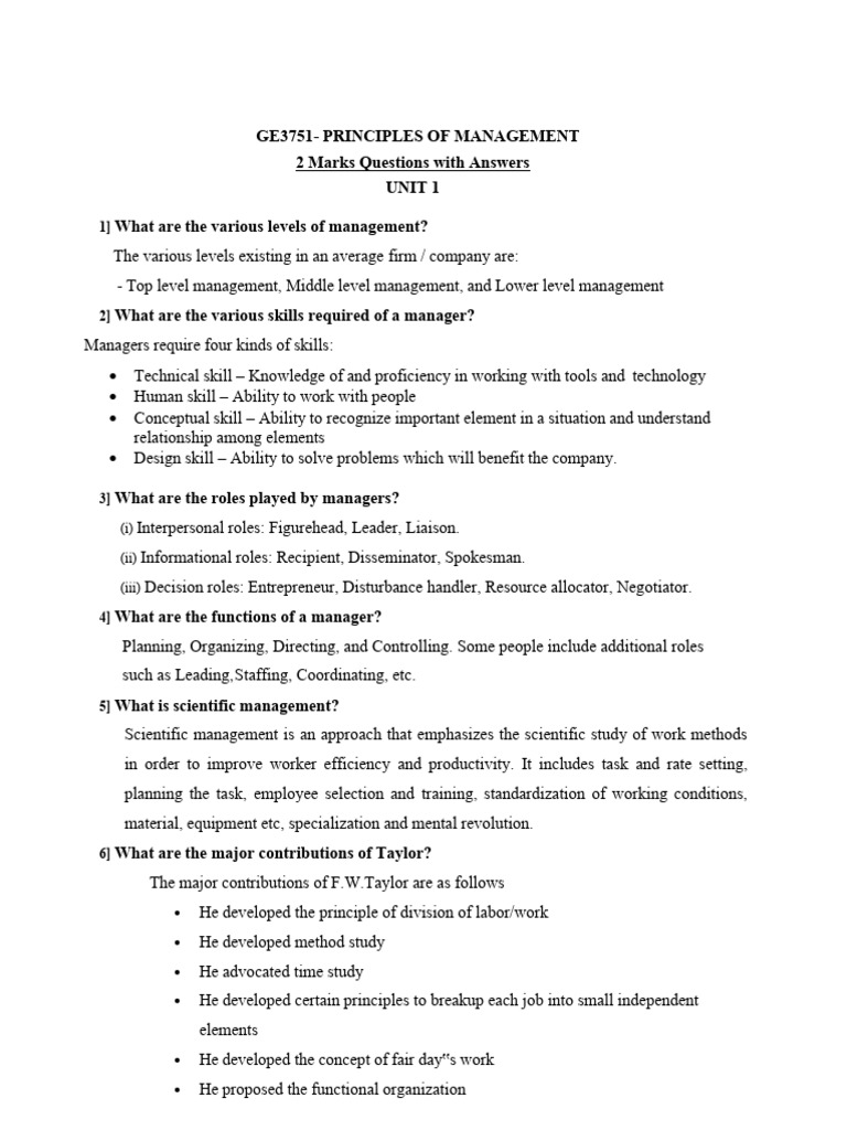 POM- 2 marks for all units- PDF | PDF | Leadership | Business