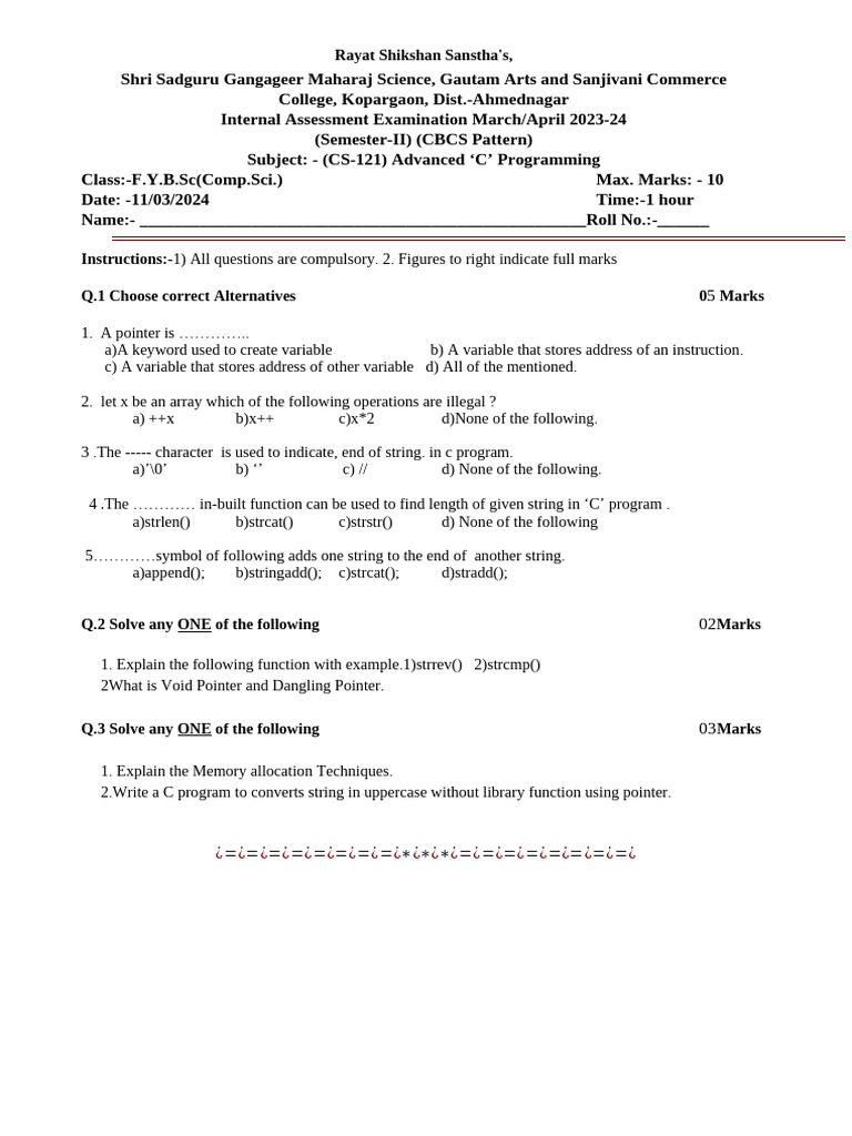 Advanced C Programming Assessment 2024 | PDF