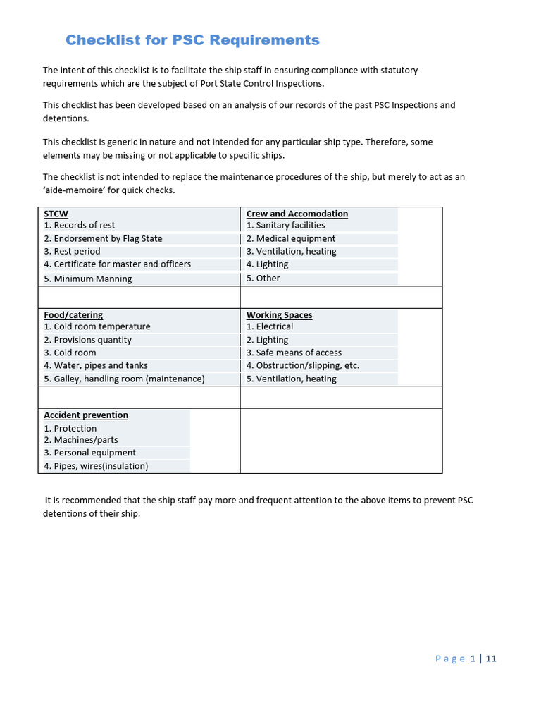 PSC Compliance Checklist - For Ship Staff | PDF | Valve | Pump