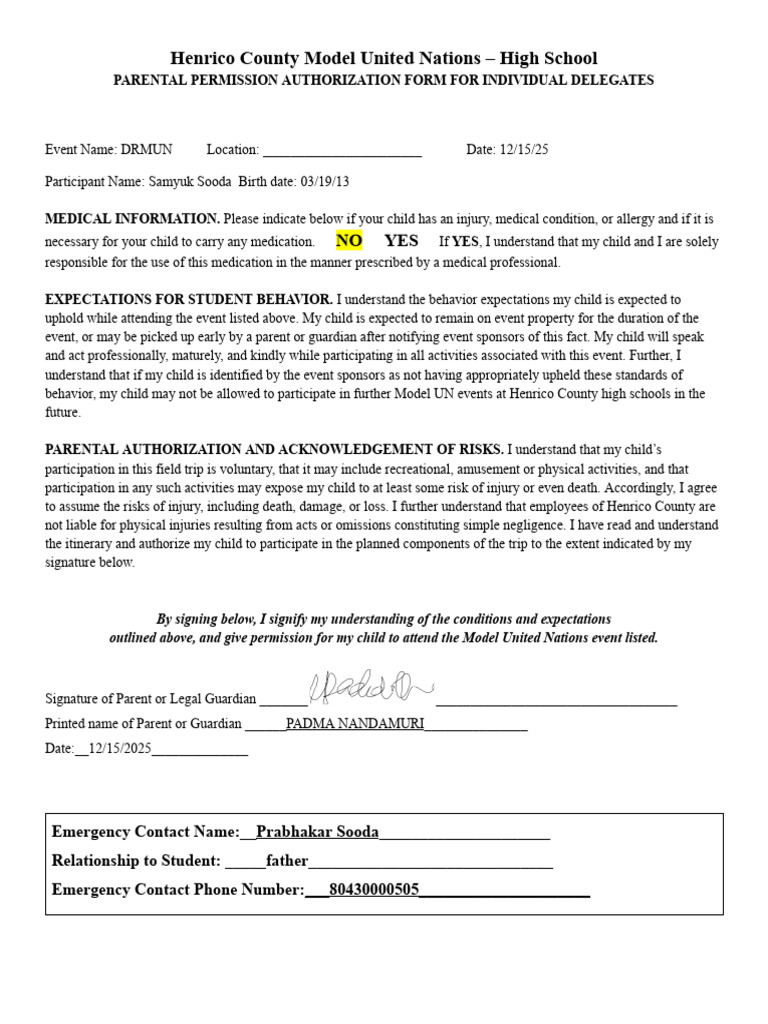 HCPS Model UN Individual Delegate Field Trip Form | PDF
