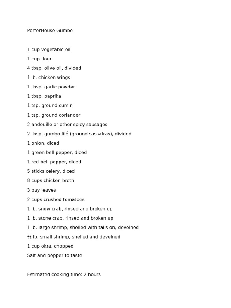 Authentic PorterHouse Gumbo Recipe | PDF | Western Cuisine | Food And ...
