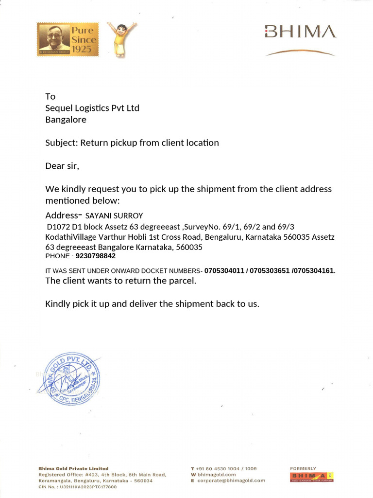 Return Pickup Request for Shipment | PDF