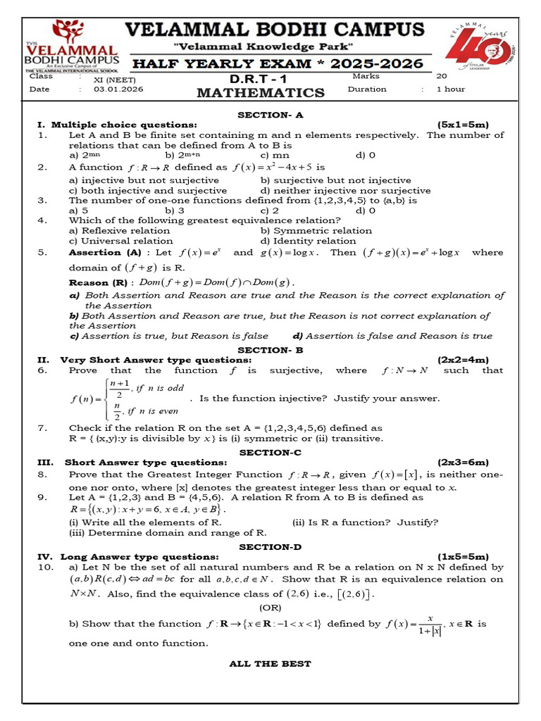 XI Mathematics DRT 1 (04!01!2026) - Half Yearly 2025-26 | PDF ...