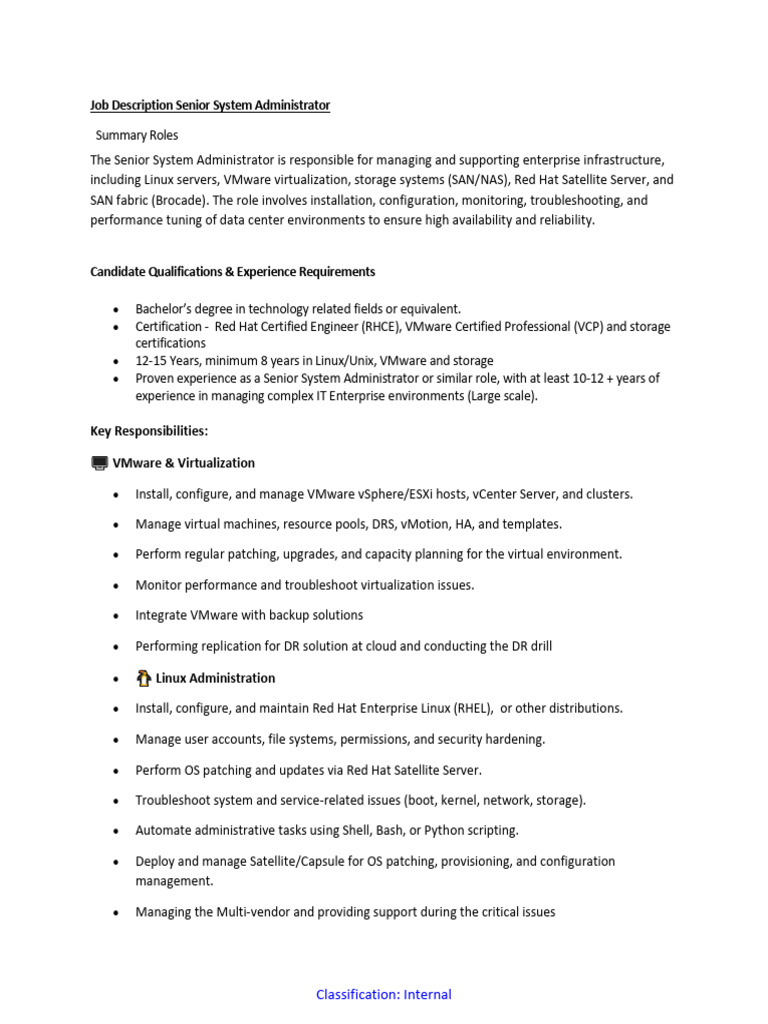Senior System Administrator Job Description | PDF | Linux | Red Hat