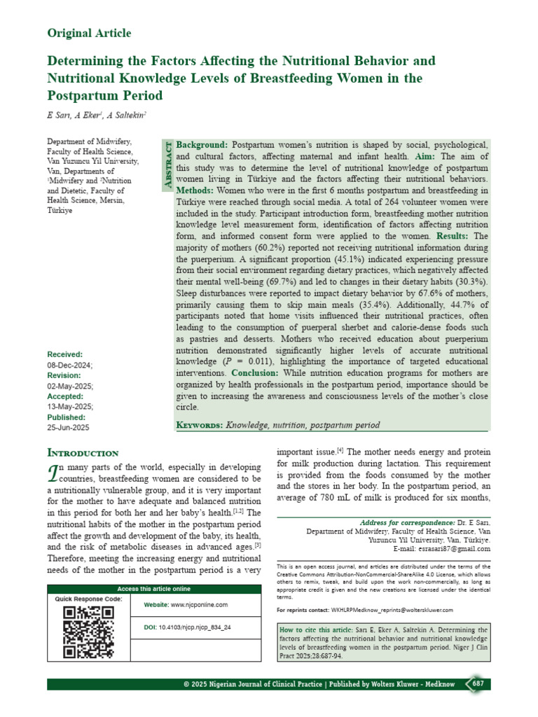 Nutritional Knowledge in Postpartum Women | PDF | Breastfeeding ...