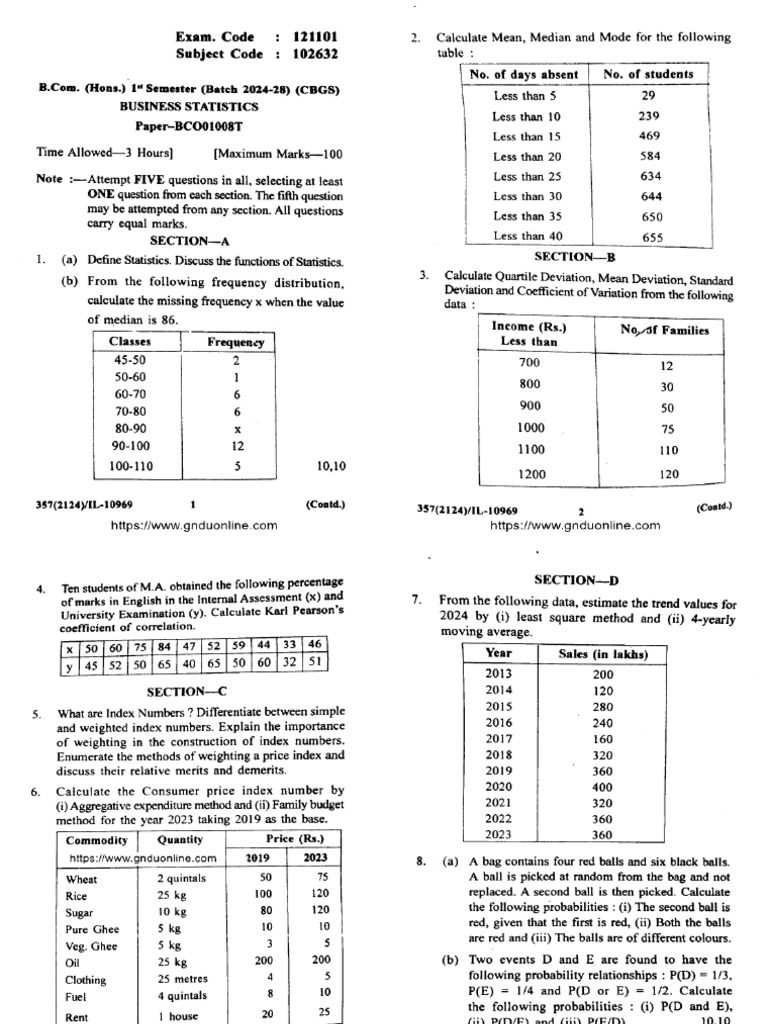 Bcom 1 Sem Business Statistics 102632 2024 | PDF