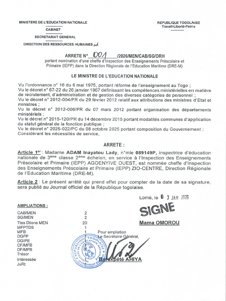 ARRETE 001 Nomination | PDF