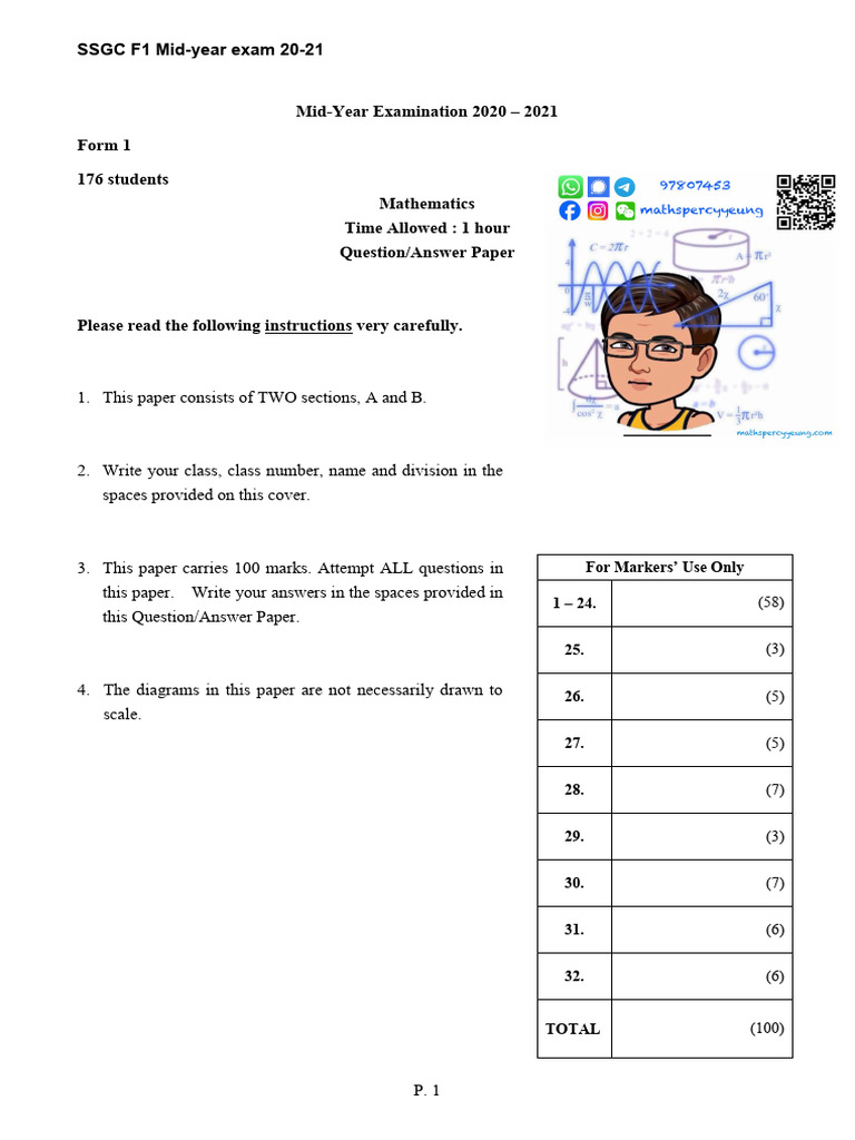 Form 1 Mathematics Mid-Year Exam 2020-21 | PDF | Mathematics ...