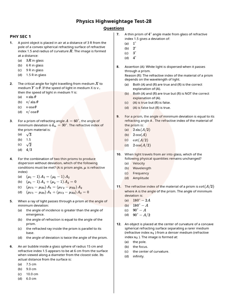 Physics Highweightage Test: Refraction Concepts | PDF | Refraction ...