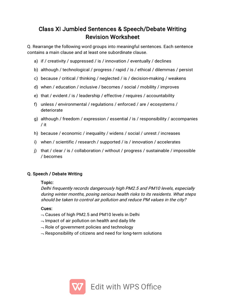 Class XI Jumbled Sentences & Debate Guide | PDF