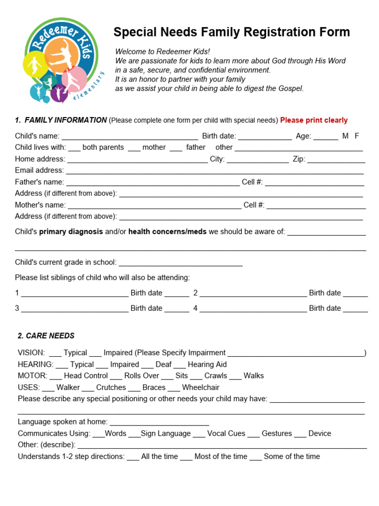 Special Needs Family Registration Form | PDF | Behavioural Sciences ...