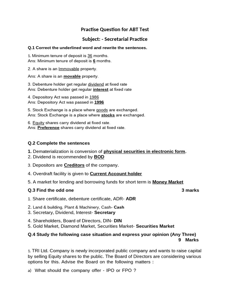 ABT Test Practice Questions for Secretarial Practice | PDF | Securities ...