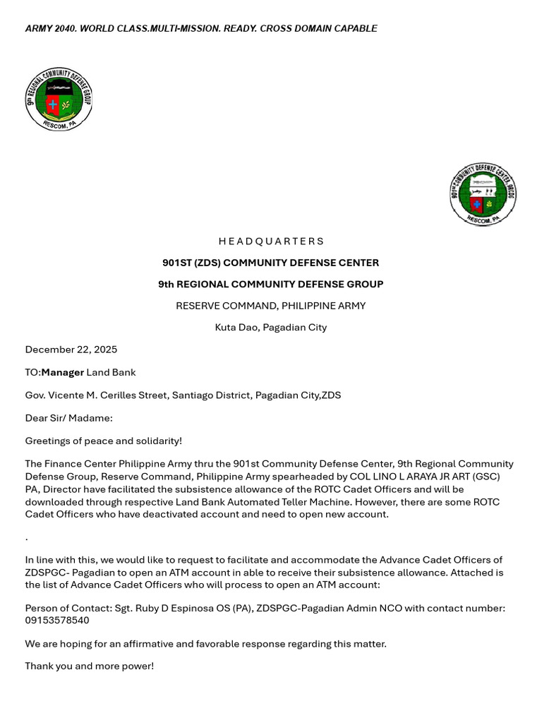 ROTC Cadet ATM Account Request | PDF