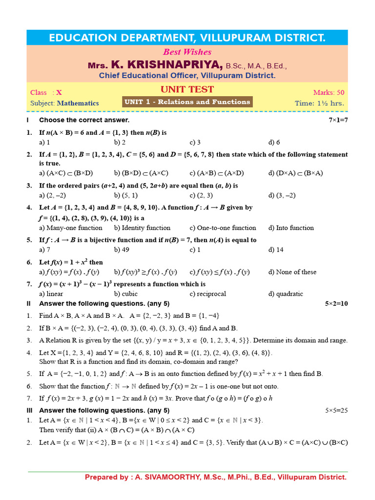10th Maths Unit 1 QP EM | PDF | Discrete Mathematics | Functions And ...