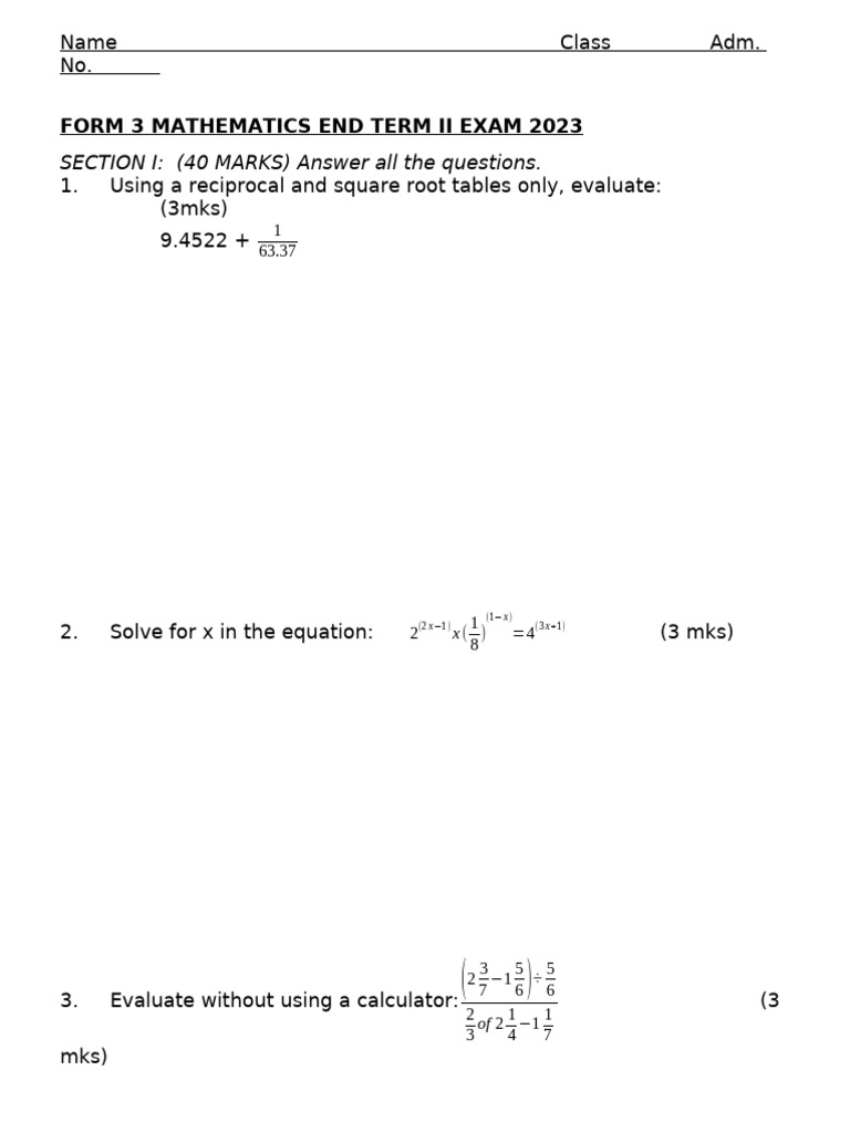 Form 3 Mathematics Exam Paper 2023 | PDF | Area | Circle