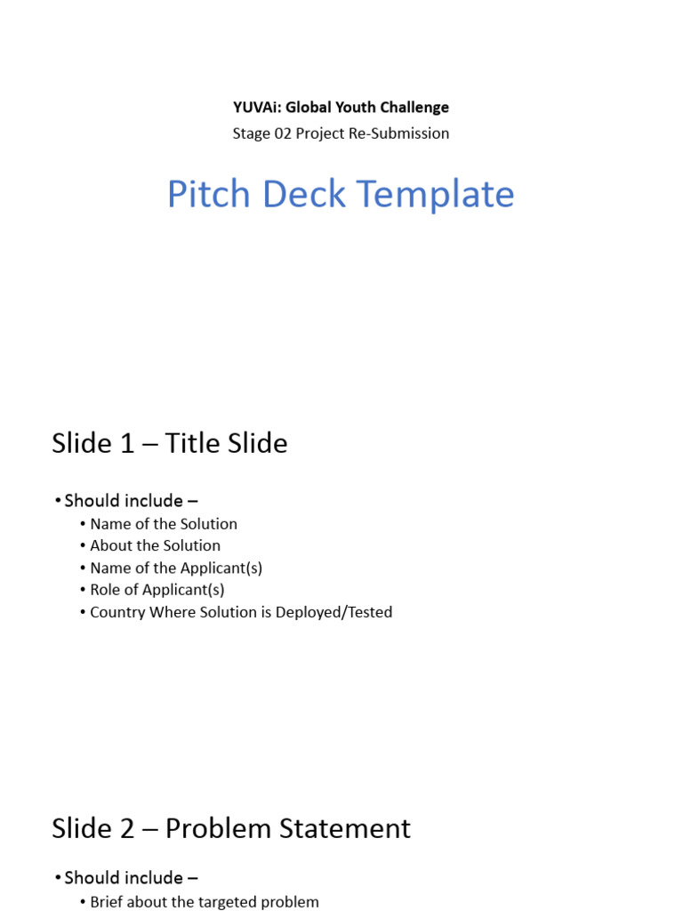 Pitch Deck Template - YUVAi Stage 2 Project Submission | PDF