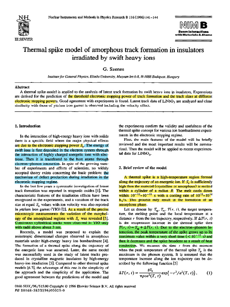 Thermal Spike Model for Ion Track Formation | PDF | Amorphous Solid ...