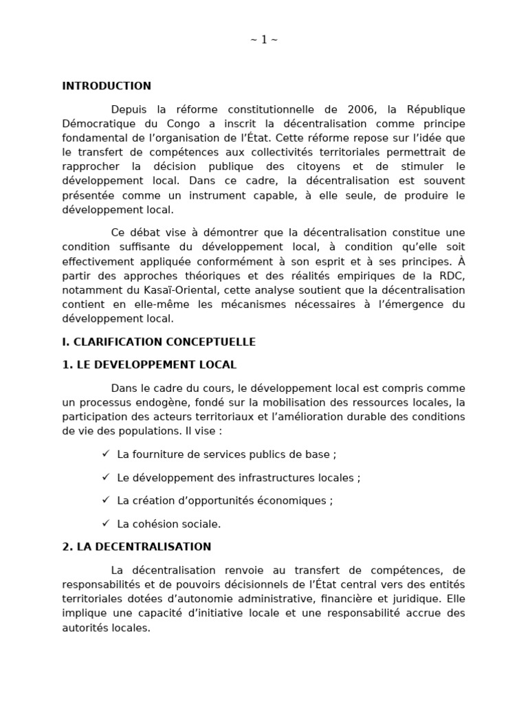 Décentralisation et développement local en RDC | PDF | Décentralisation ...
