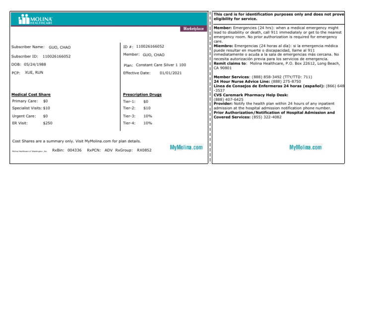 Molina Healthcare Member Card Details | PDF | Social Programs | Health Care
