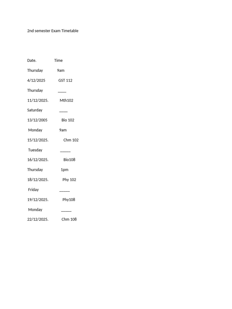 2nd Semester Exam Timetable | PDF