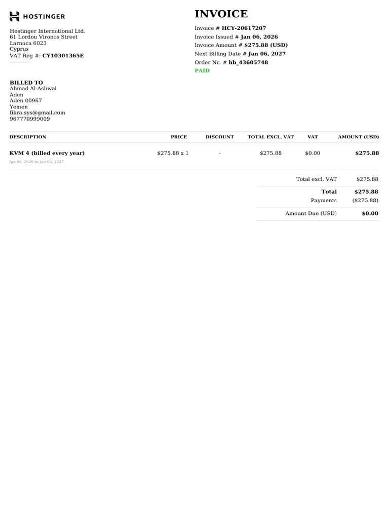Hostinger Invoice HCY-20617207 | PDF
