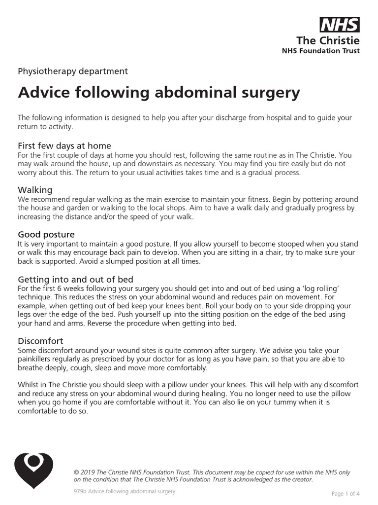 Post-Abdominal Surgery Recovery Guide | PDF | Walking | Clinical Medicine