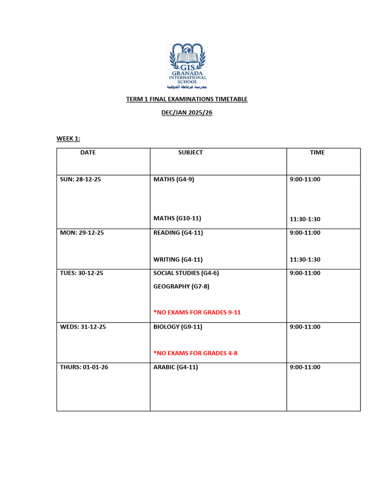 Term 1 Exam Timetable 2025-2026 | PDF
