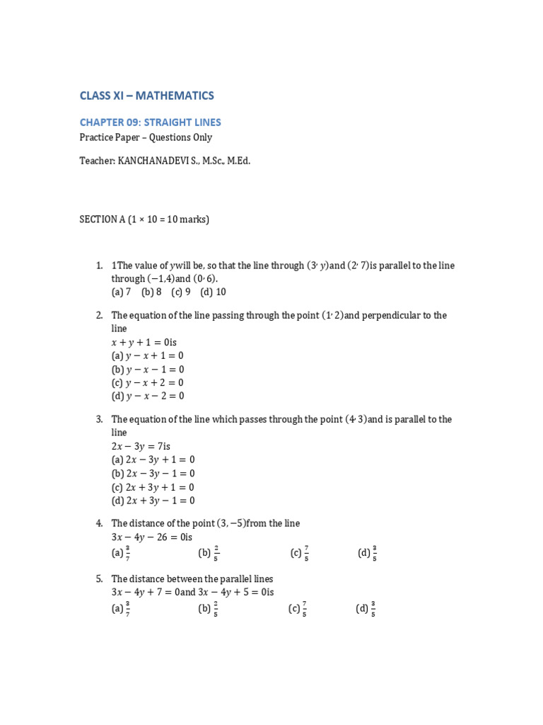Class XI Mathematics: Straight Lines Practice | PDF | Triangle ...